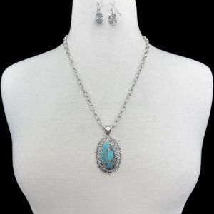 Turquoise Blue Stone Swirl Pendant Necklace Earrings Set